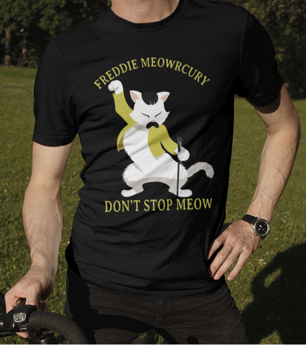 Freddie Meowrcury Don’t Stop Meow Funny Cat Parody With Iconic Pose And Yellow Jacket T-Shirt