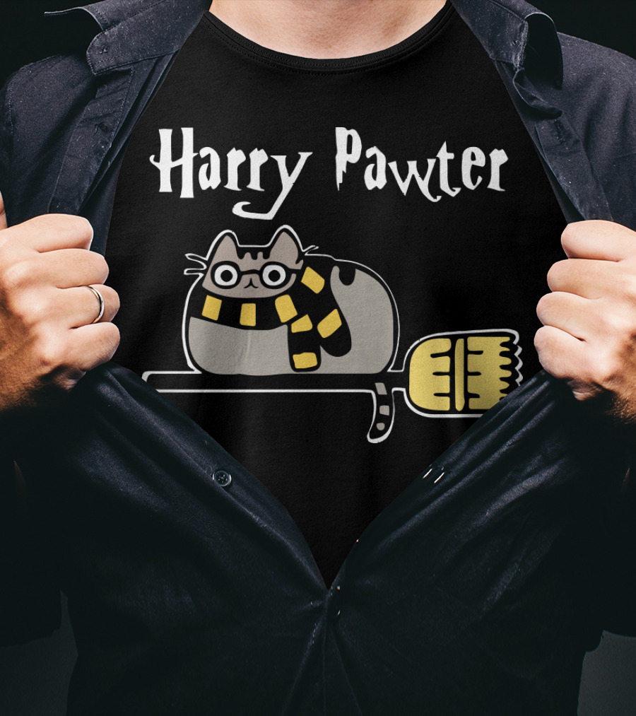 Harry Pawter Pusheen Cat On Broom With Scarf T-Shirt