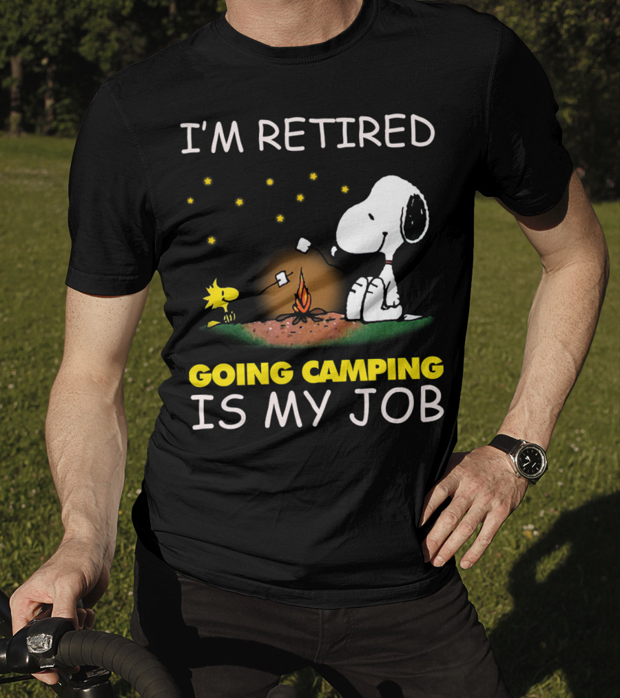 I’m Retired Going Camping Is My Job Snoopy And Woodstock Campfire Scene T-Shirt
