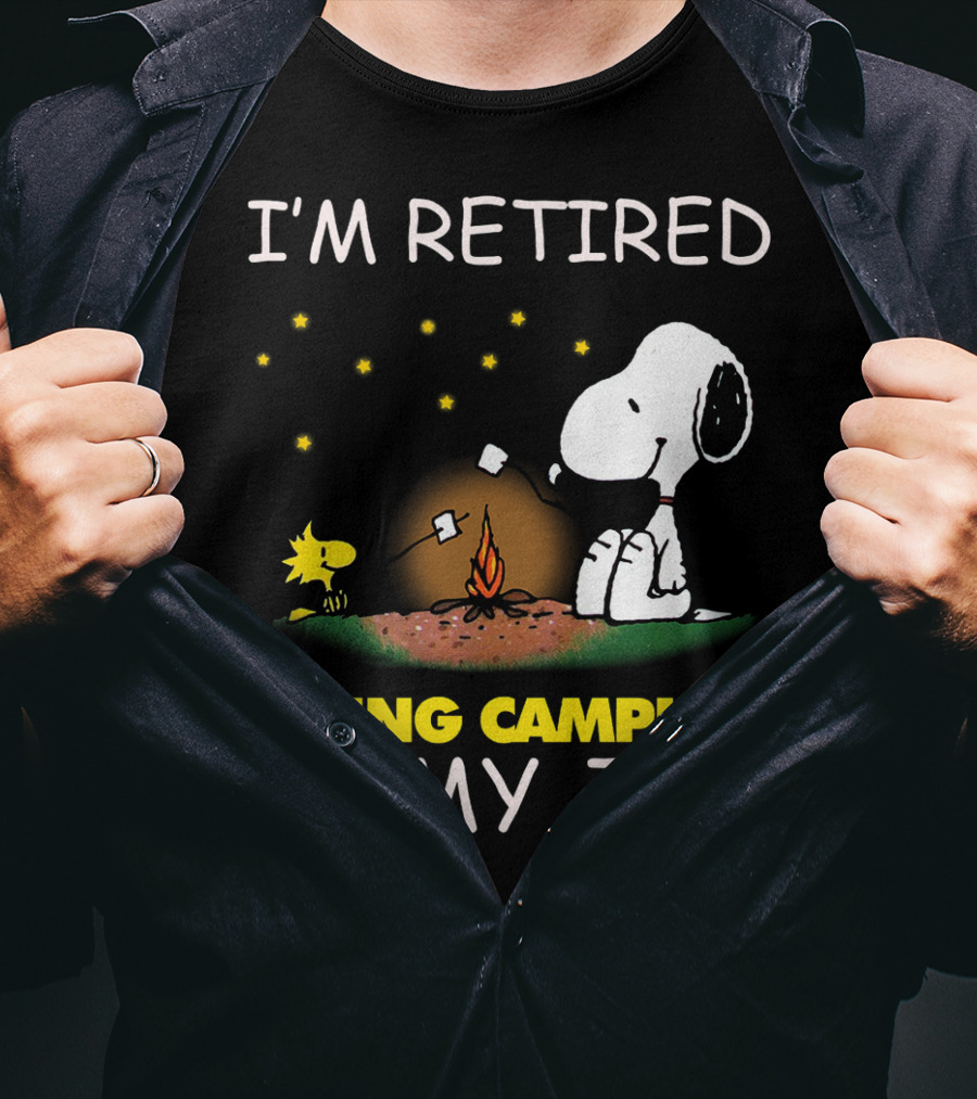 I’m Retired Going Camping Is My Job Snoopy And Woodstock Campfire Scene T-Shirt