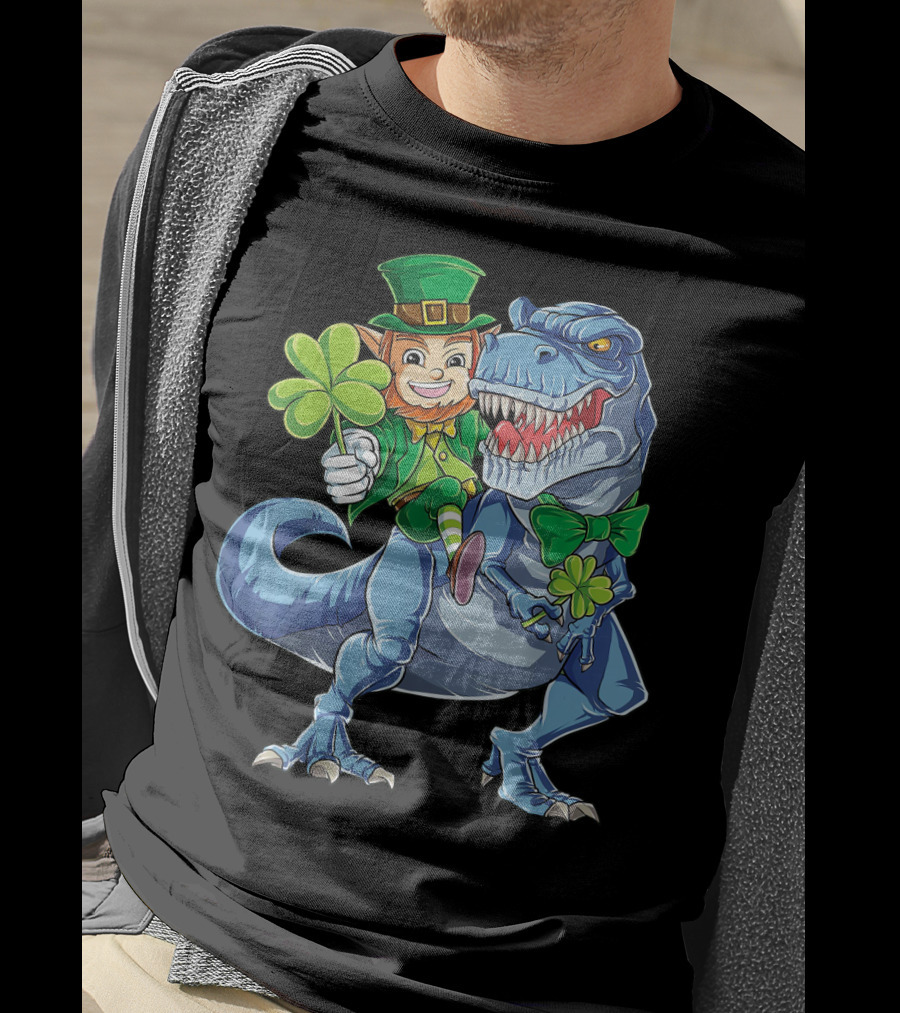 Leprechaun With Shamrock And Bowtie Riding T-Rex Dinosaur T-Shirt