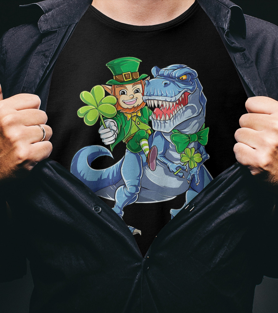 Leprechaun With Shamrock And Bowtie Riding T-Rex Dinosaur T-Shirt
