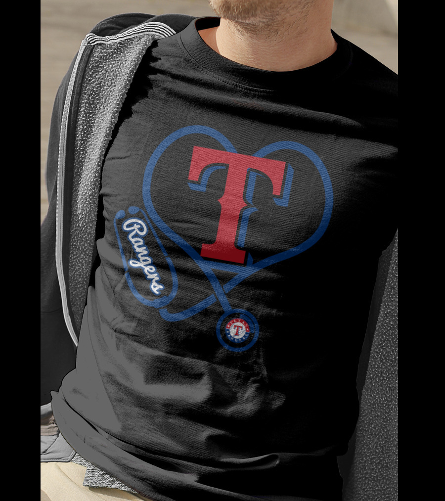 Nurse Heartbeat Texas Rangers Fans T Logo Stethoscope T-Shirt