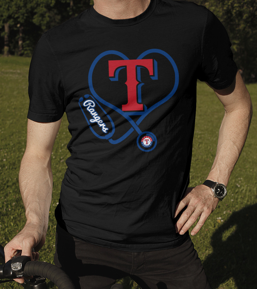 Nurse Heartbeat Texas Rangers Fans T Logo Stethoscope T-Shirt