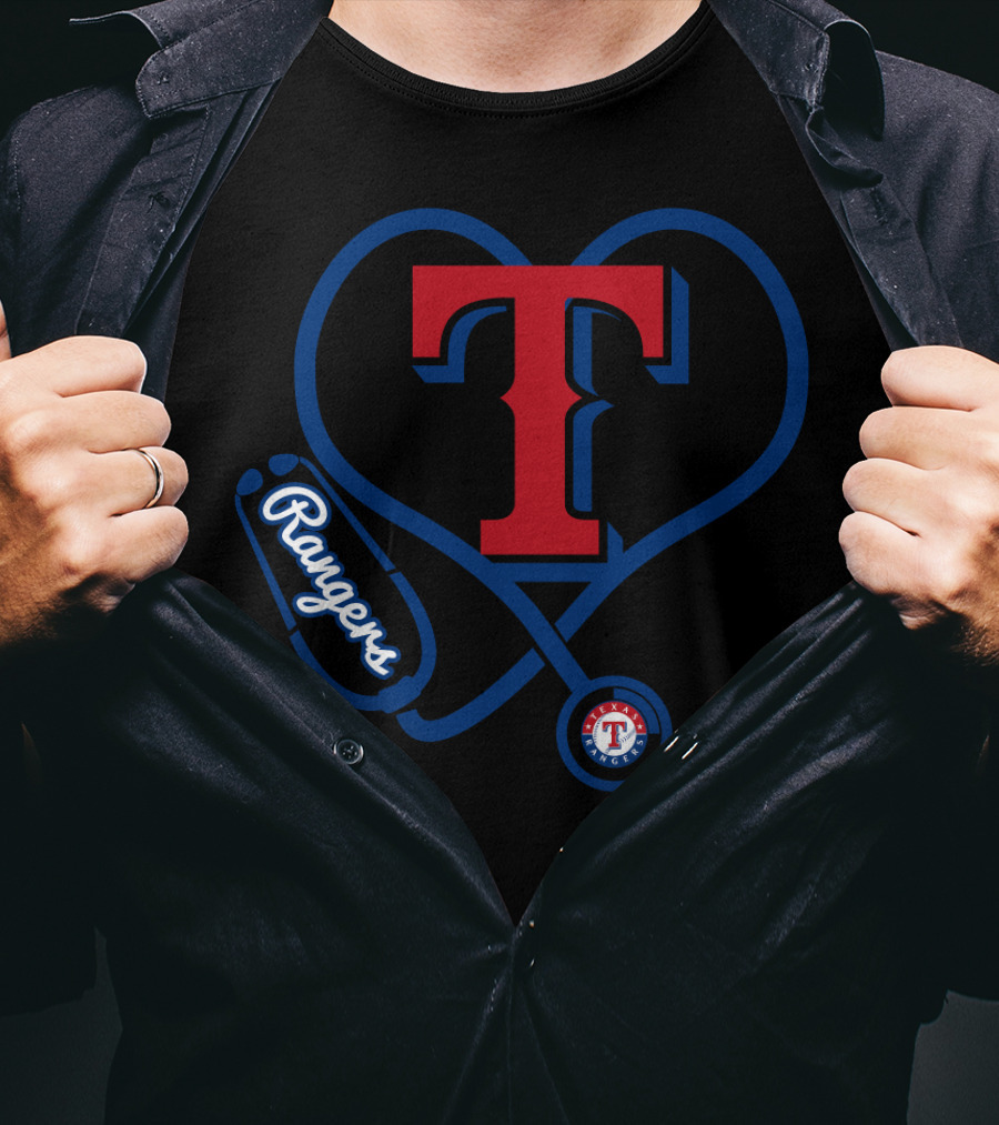 Nurse Heartbeat Texas Rangers Fans T Logo Stethoscope T-Shirt