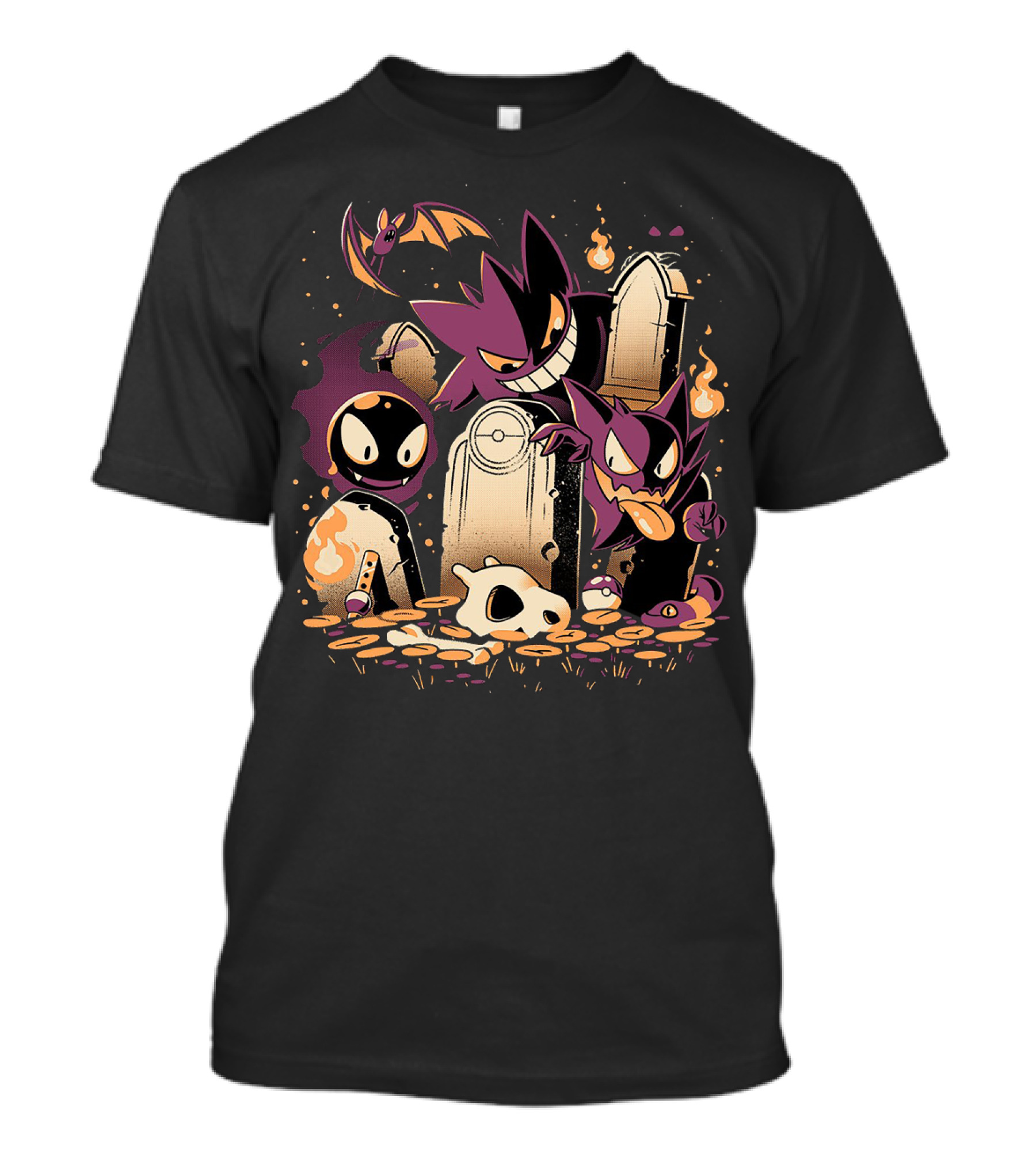 Pokemon Gastly Haunter Gengar Spooky Graveyard Scene With Fire And Skull T-Shirt