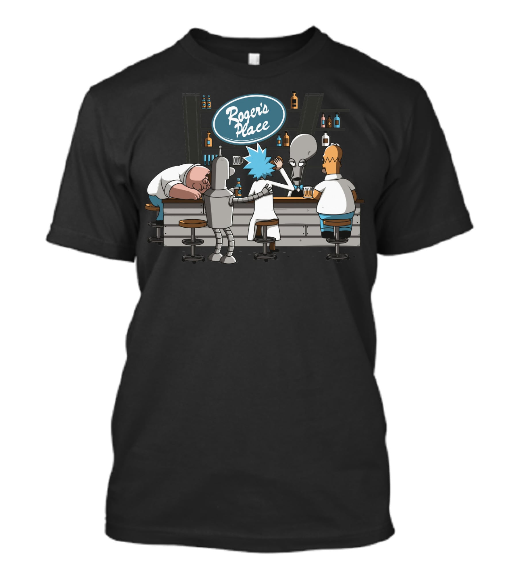Rick And Morty Meets Roger American Dad Bar Scene Featuring Iconic Characters At Roger's Place T-Shirt