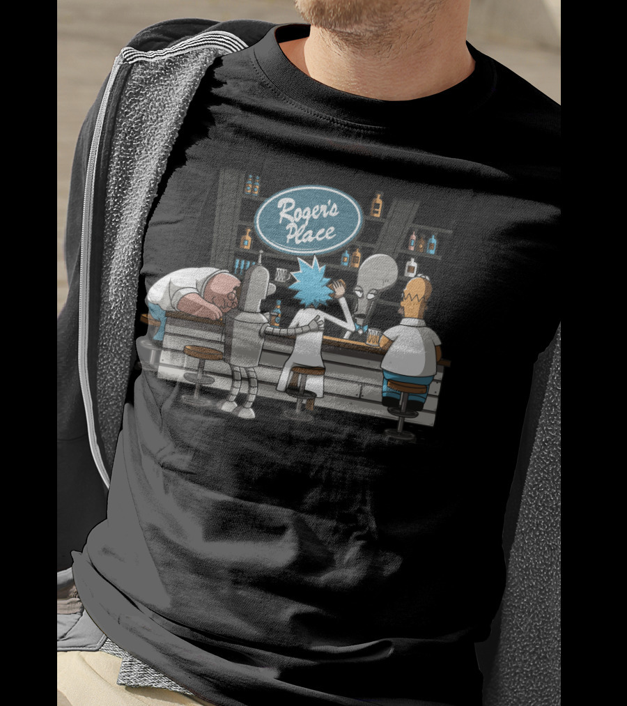Rick And Morty Meets Roger American Dad Bar Scene Featuring Iconic Characters At Roger's Place T-Shirt