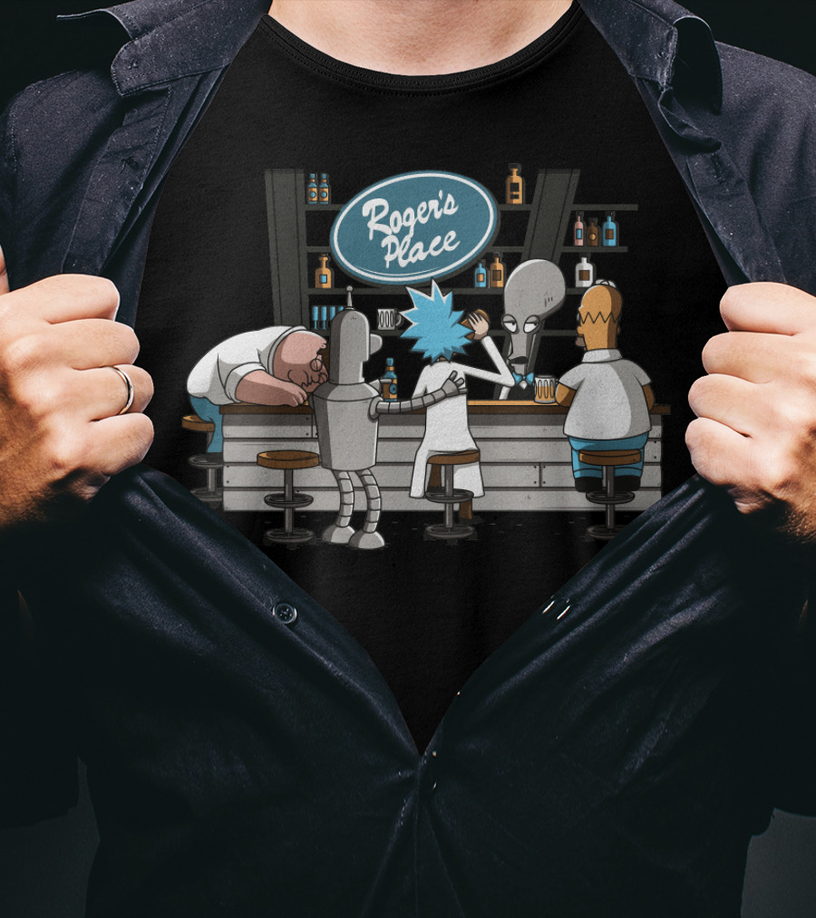 Rick And Morty Meets Roger American Dad Bar Scene Featuring Iconic Characters At Roger's Place T-Shirt