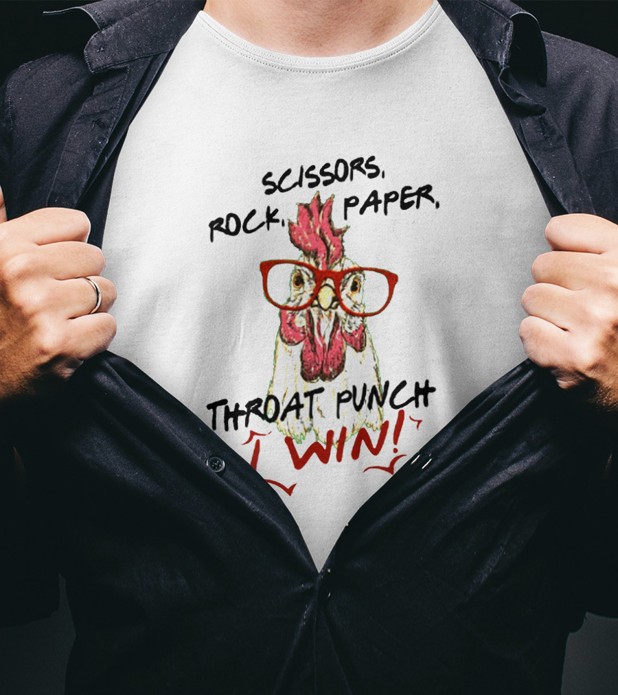 Scissors Rock Paper Throat Punch I Win Chicken Wearing Glasses T-Shirt