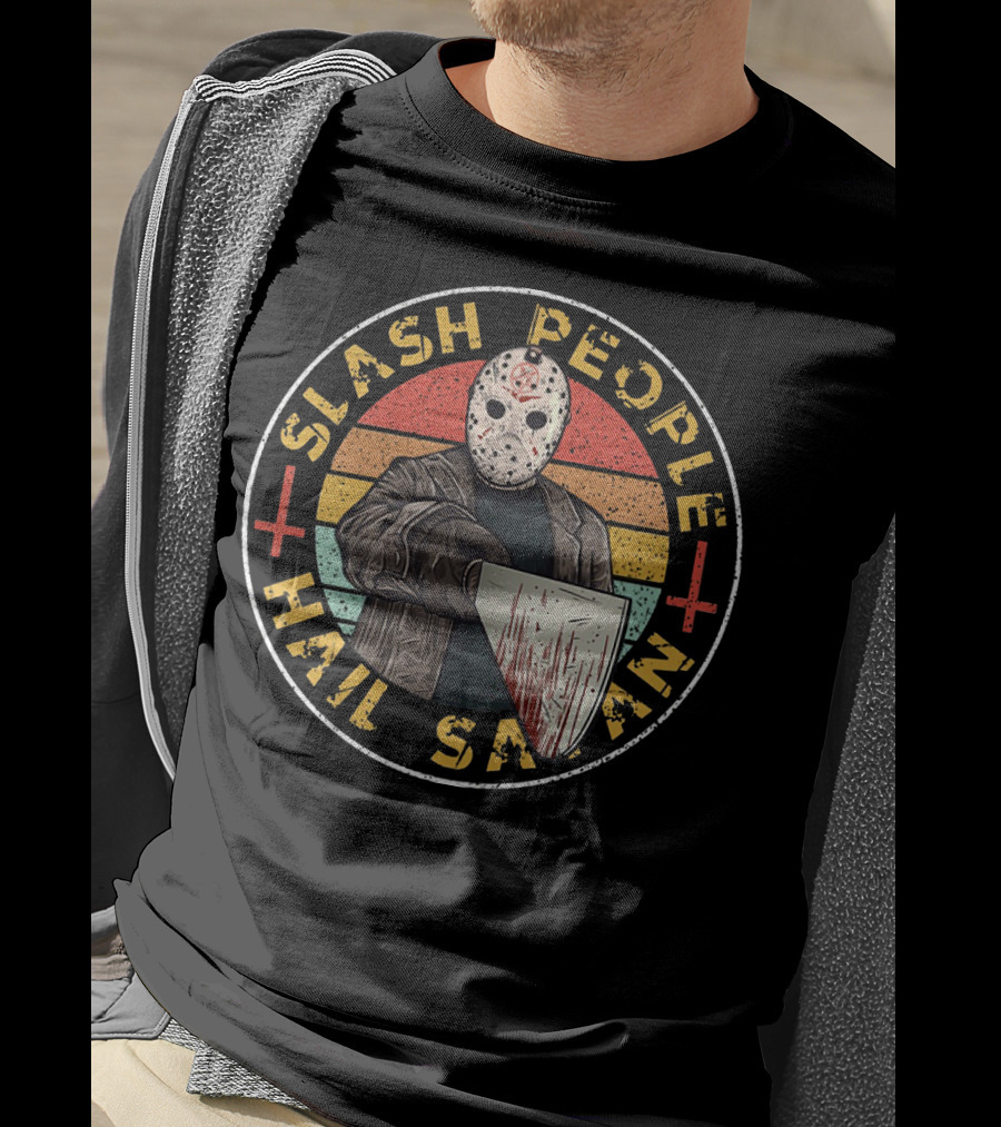 Slash People Hail Satan Jason Voorhees Horror Vintage Retro Mask Bloody Cleaver T-Shirt