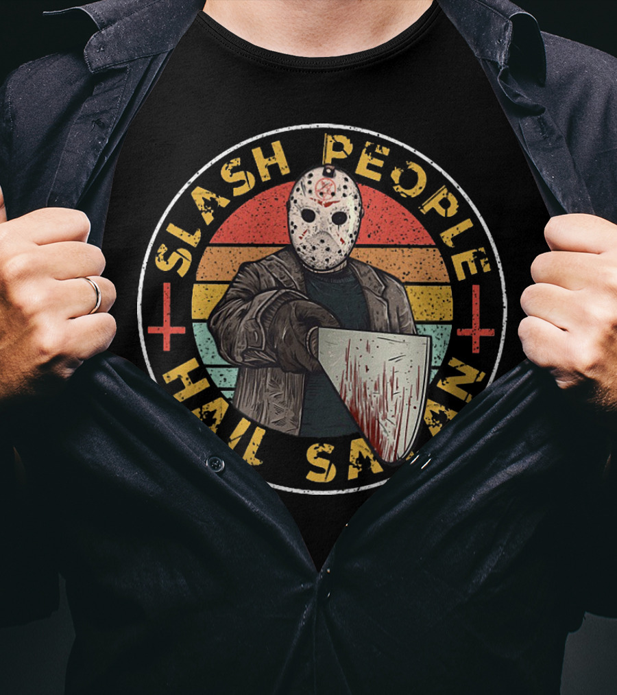 Slash People Hail Satan Jason Voorhees Horror Vintage Retro Mask Bloody Cleaver T-Shirt