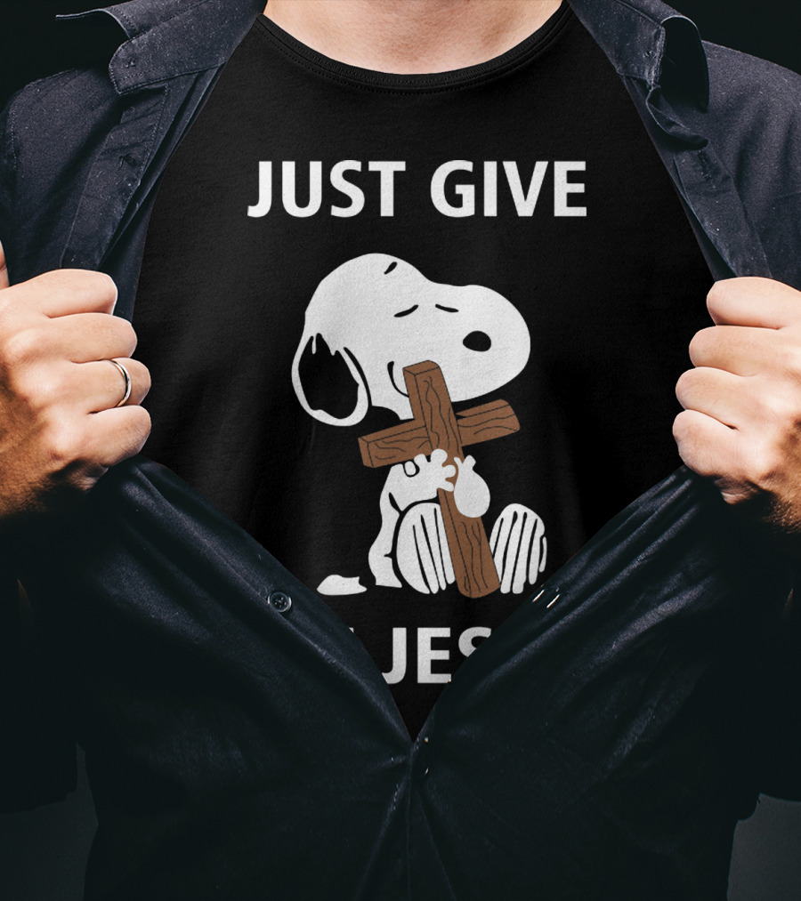 Snoopy Holding Cross With Just Give Me Jesus Text T-Shirt