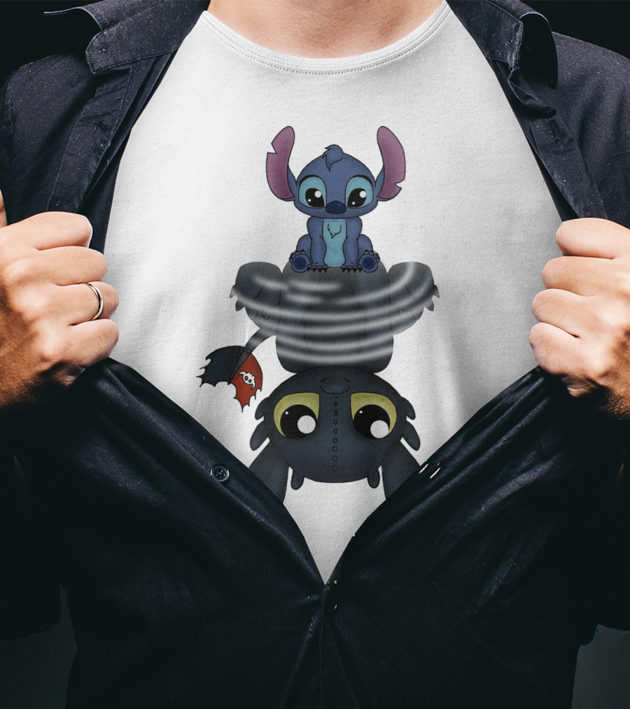 Stitch Sitting On Toothless Animation Crossover T-Shirt