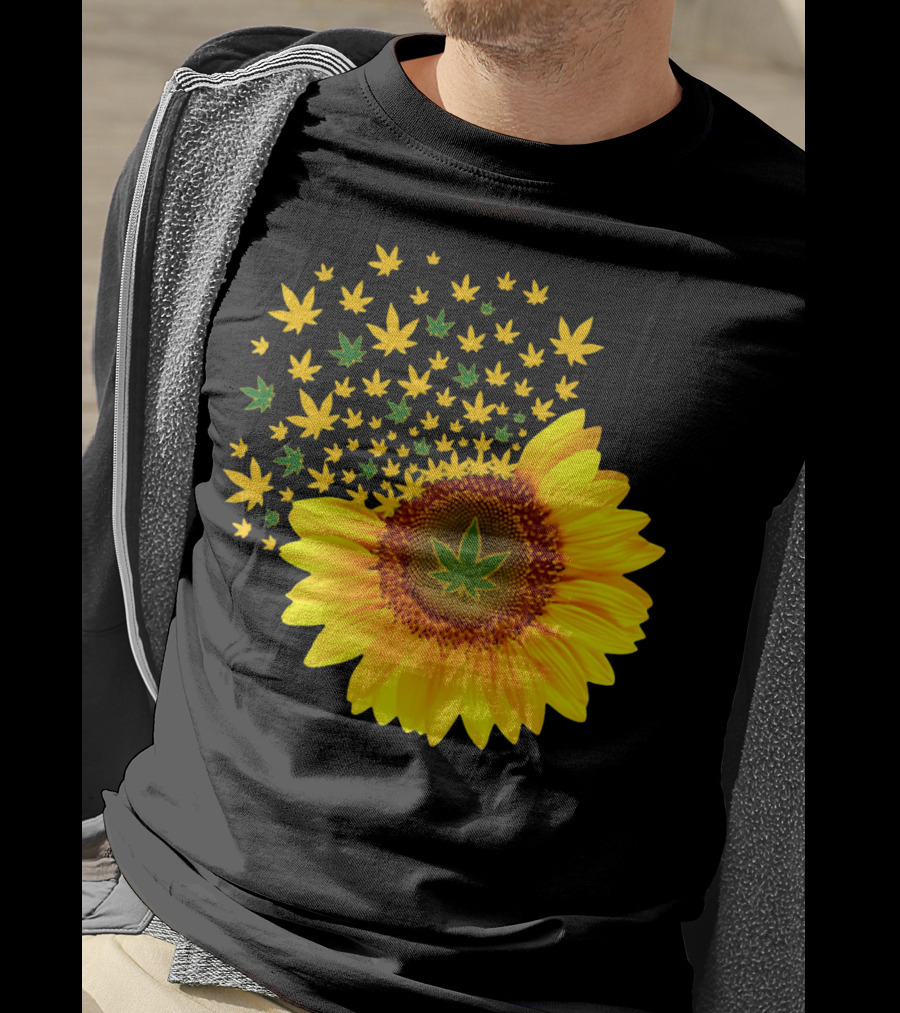 Sunflower With Dispersing Yellow And Green Weed Leaves T-Shirt