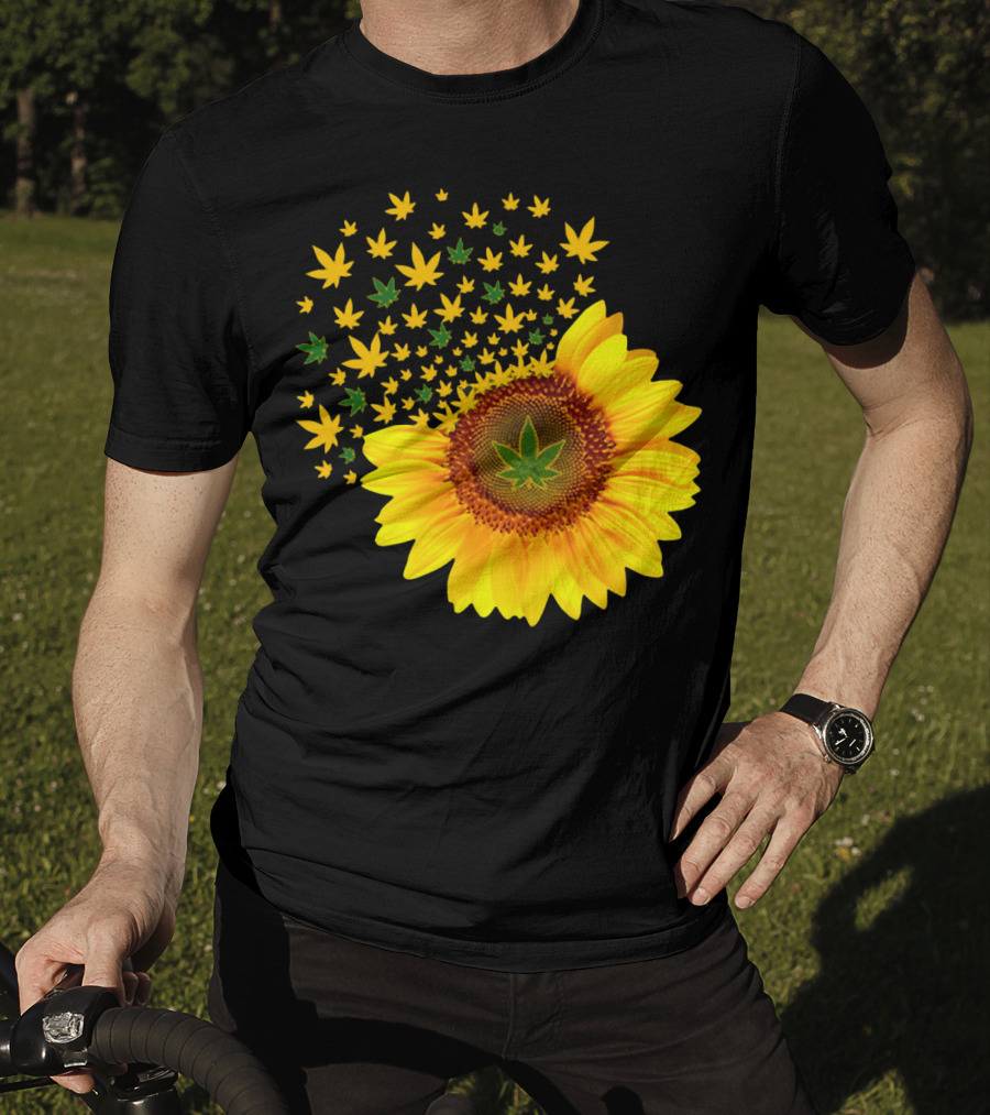 Sunflower With Dispersing Yellow And Green Weed Leaves T-Shirt