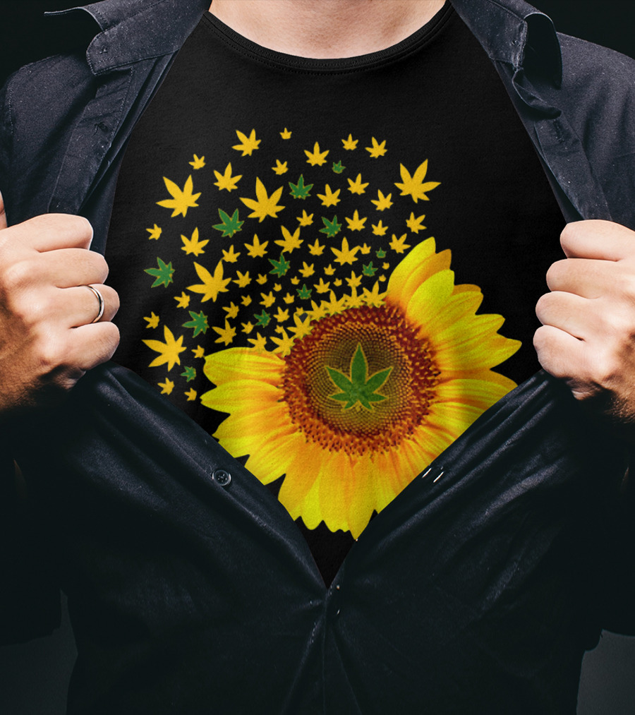 Sunflower With Dispersing Yellow And Green Weed Leaves T-Shirt