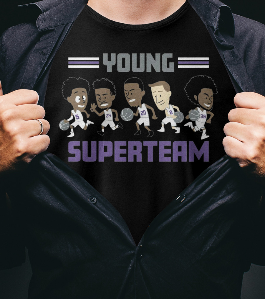 Young Superteam Cartoon Basketball Players With Numbers 5 24 20 8 35 T-Shirt