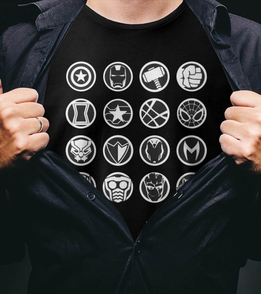 Avengers Infinity War Heroes Icon Captain America Iron Man Thor Hulk Black Widow Star Lord Spider-Man Black Panther Vision Doctor Strange Ant-Man Groot Rocket Raccoon T-Shirt