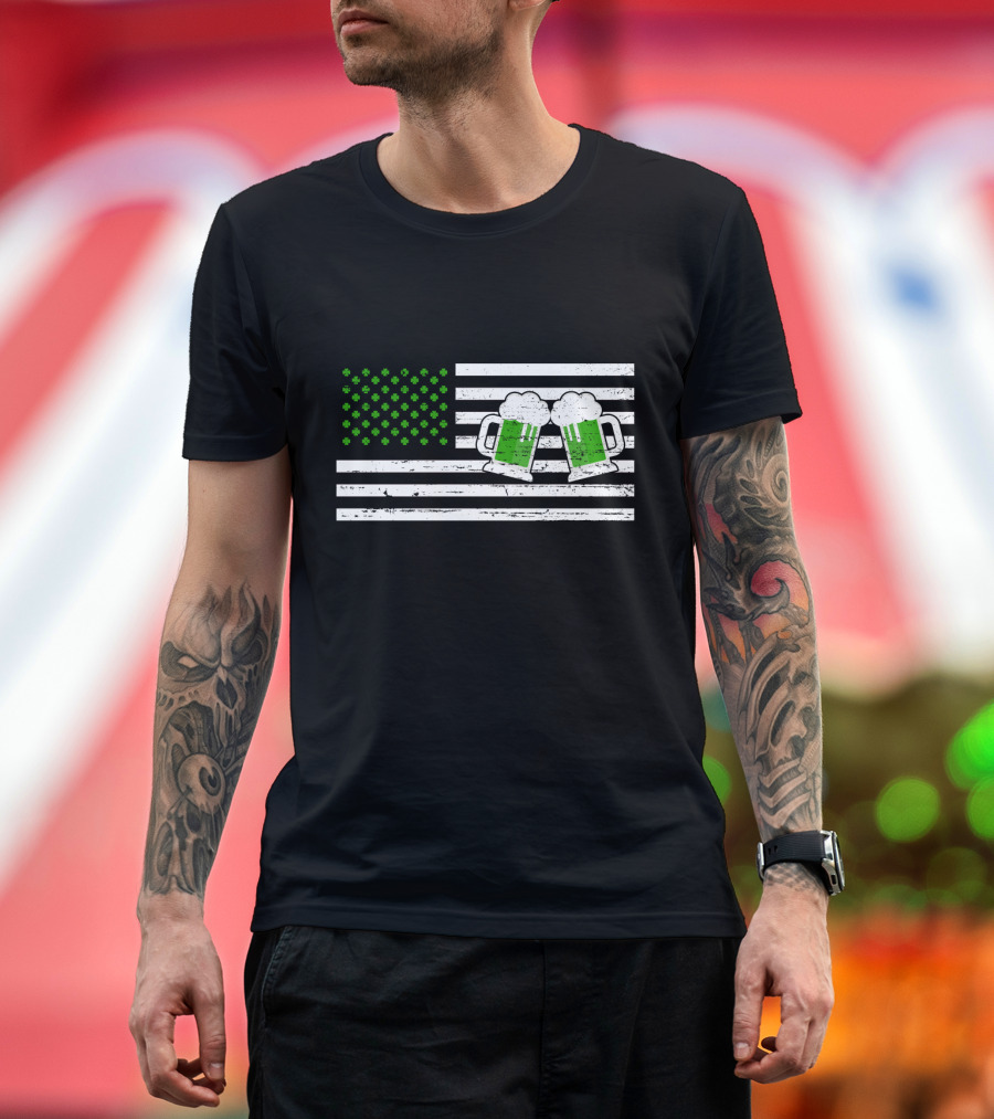 Happy Patrick's Day American Flag With Green Shamrocks And Beer Mugs T-Shirt