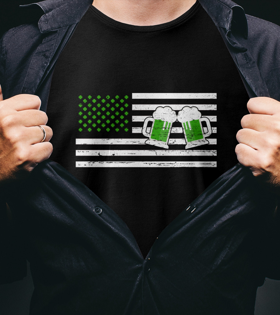 Happy Patrick's Day American Flag With Green Shamrocks And Beer Mugs T-Shirt