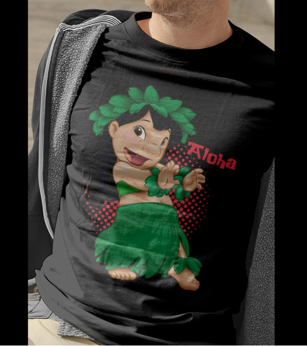 Lilo And Stitch Aloha Lilo Green Hula Dance With Red Polka Dot Background T-Shirt