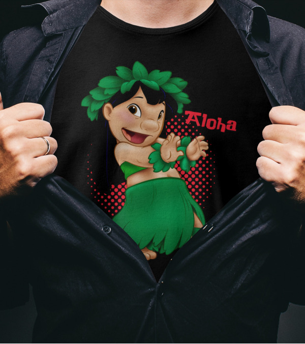 Lilo And Stitch Aloha Lilo Green Hula Dance With Red Polka Dot Background T-Shirt
