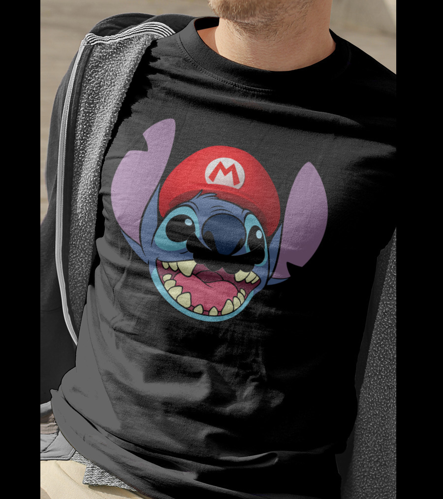 Stitch Wearing Mario Hat And Mustache Cartoon Crossover T-Shirt