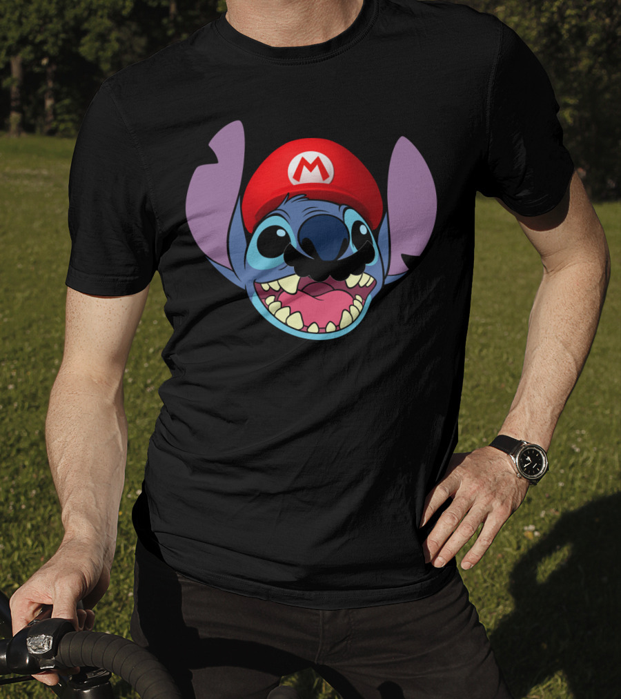 Stitch Wearing Mario Hat And Mustache Cartoon Crossover T-Shirt
