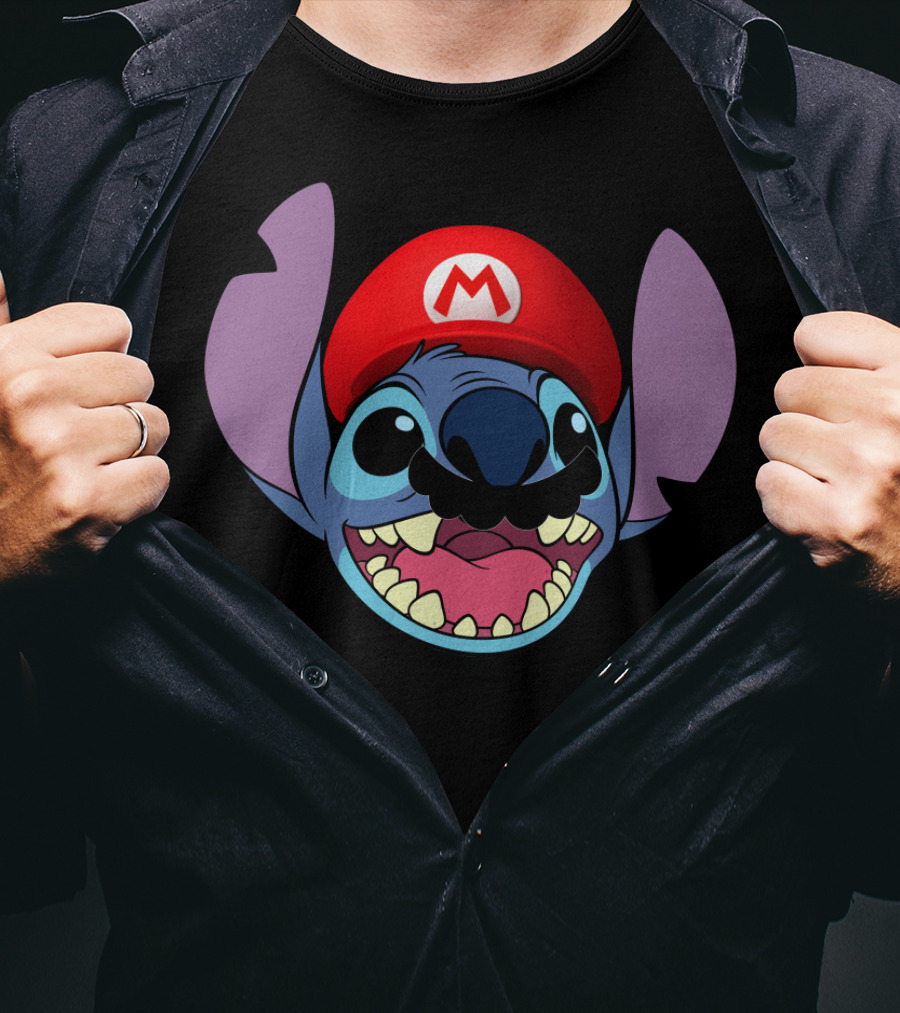 Stitch Wearing Mario Hat And Mustache Cartoon Crossover T-Shirt