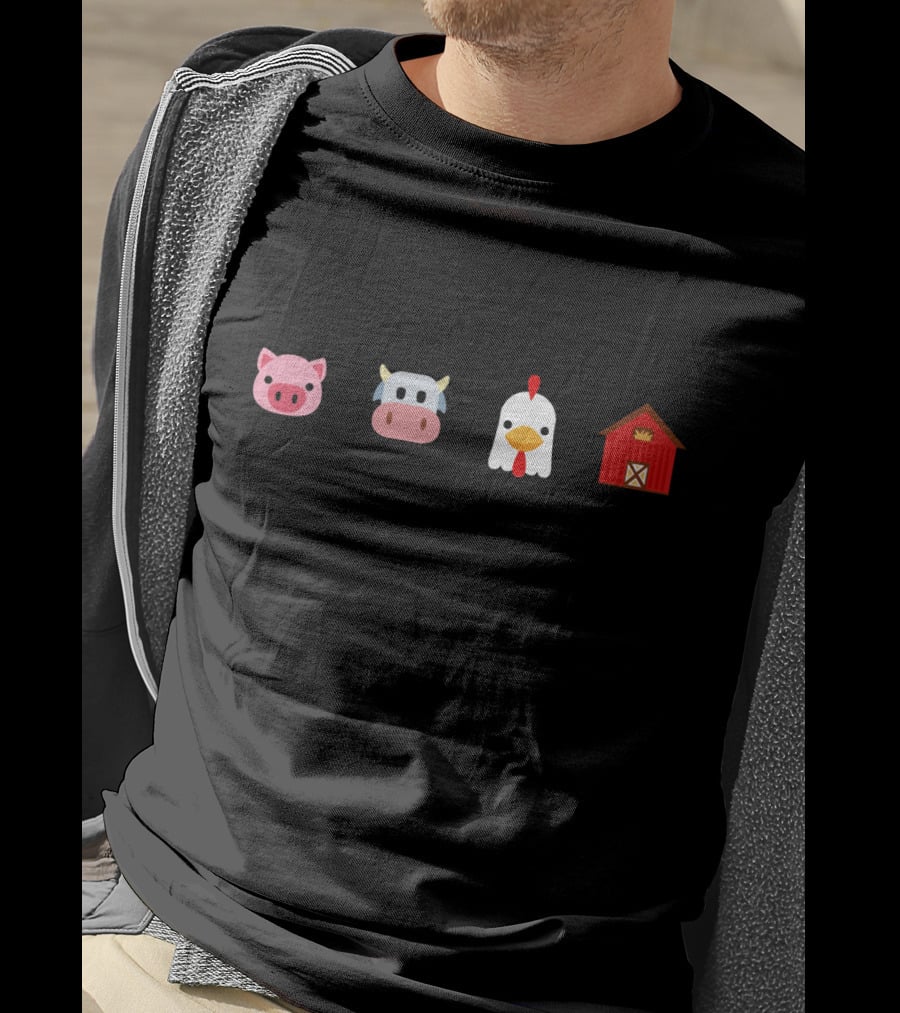 Cute Farm Animal Emoji Pig Cow Chicken Barn Icons T-Shirt