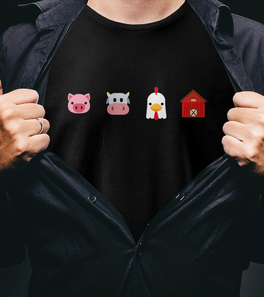Cute Farm Animal Emoji Pig Cow Chicken Barn Icons T-Shirt