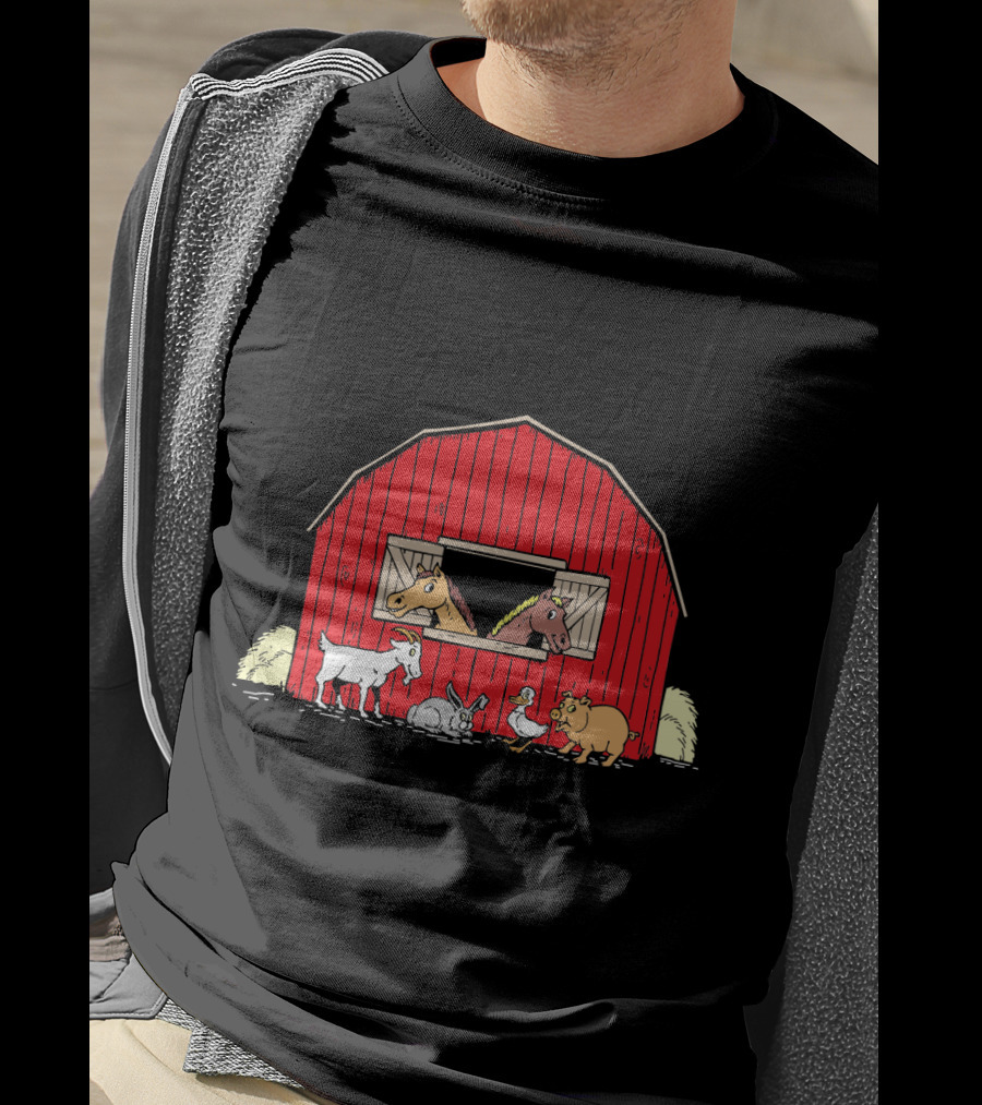 Barnyard Animals Red Barn Horses Pig Goat Duck Scene T-Shirt
