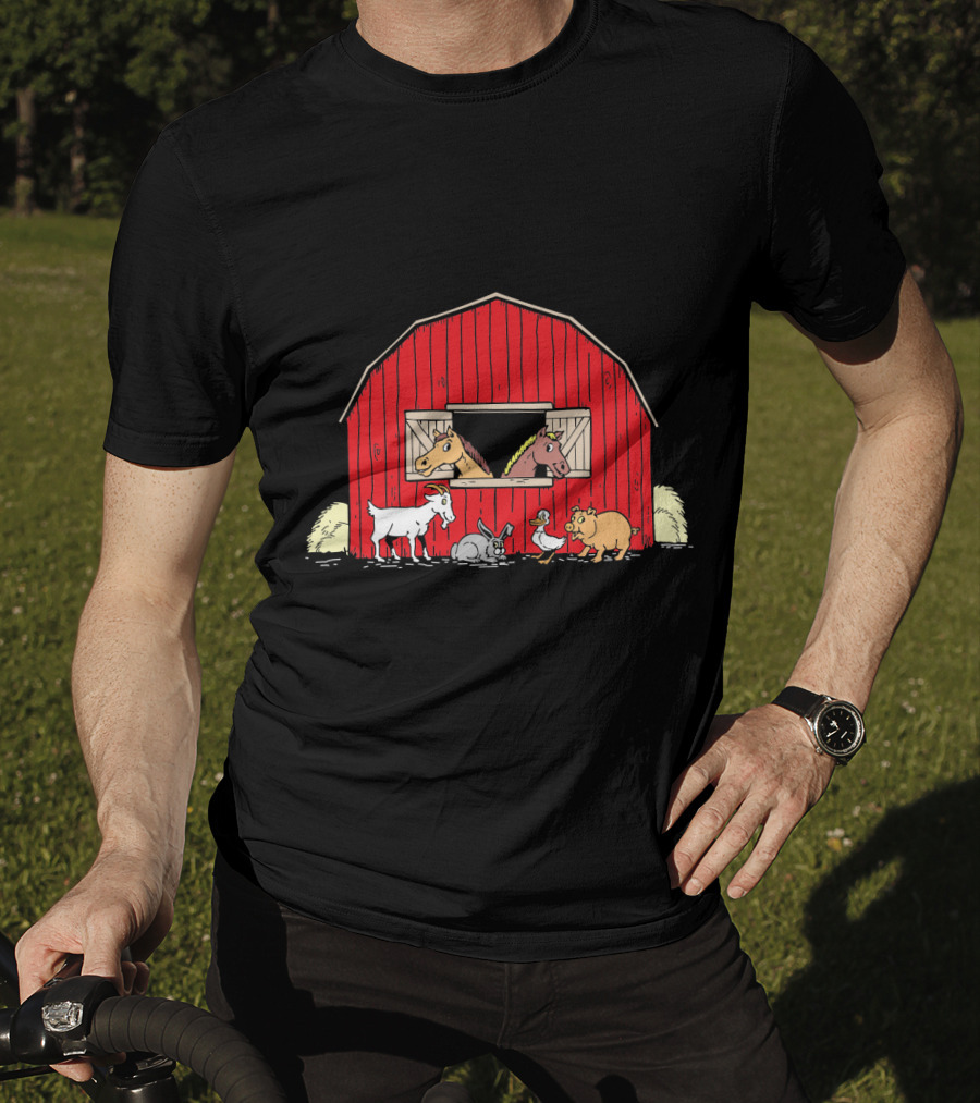 Barnyard Animals Red Barn Horses Pig Goat Duck Scene T-Shirt