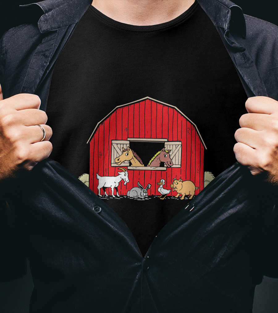 Barnyard Animals Red Barn Horses Pig Goat Duck Scene T-Shirt