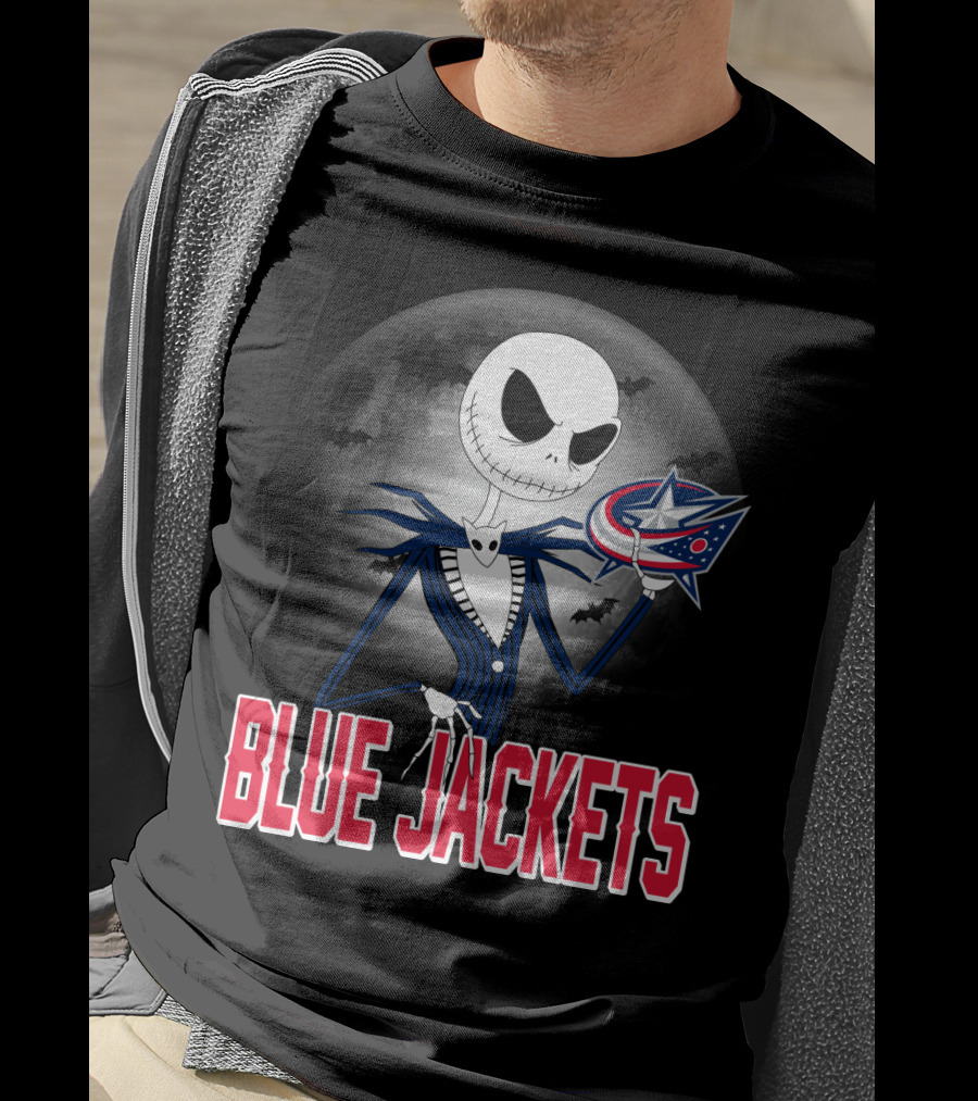 Jack Skellington Columbus Blue Jackets Halloween Fan Logo Moon Background T-Shirt