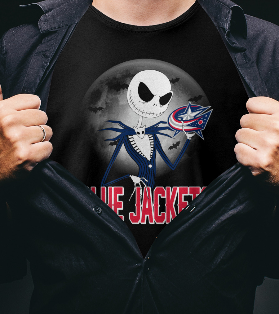 Jack Skellington Columbus Blue Jackets Halloween Fan Logo Moon Background T-Shirt