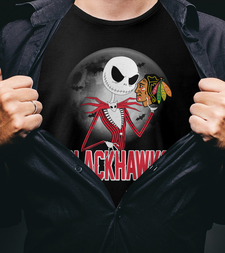 Jack Skellington Halloween Full Moon Chicago Blackhawks Collaboration T-Shirt