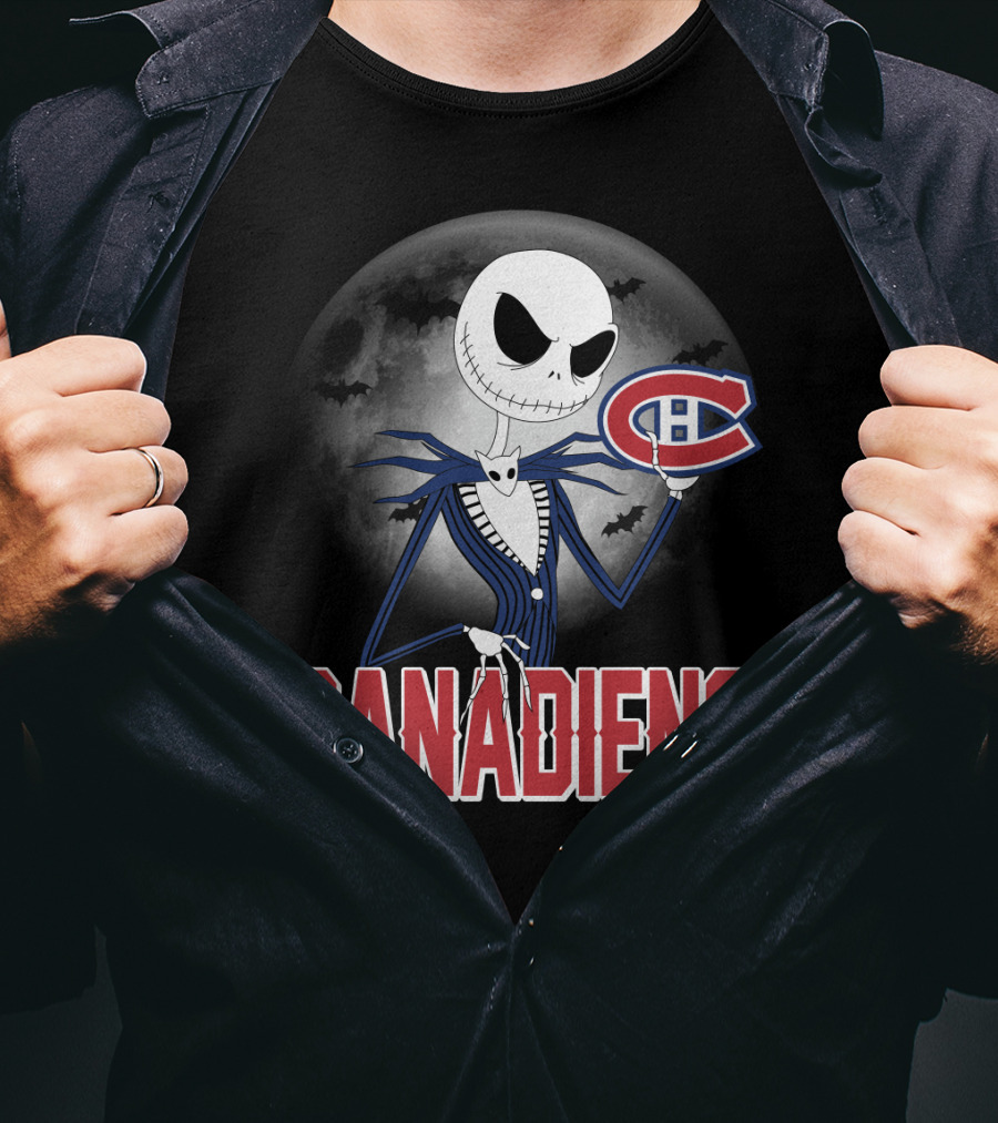 Jack Skellington Halloween Canadiens Logo Moon Background T-Shirt
