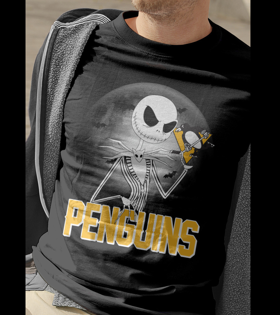 Jack Skellington Halloween Full Moon Penguins Hockey T-Shirt