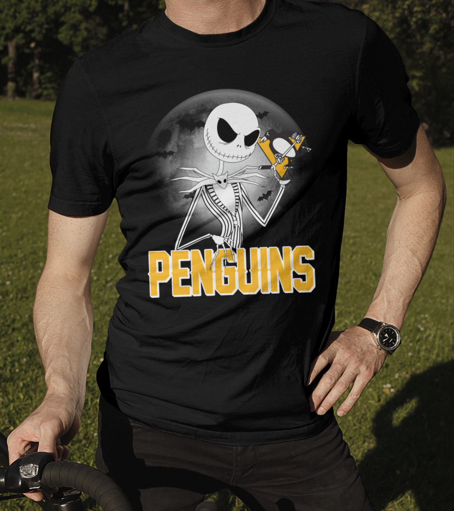 Jack Skellington Halloween Full Moon Penguins Hockey T-Shirt