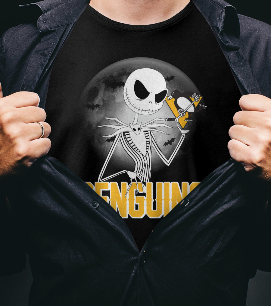 Jack Skellington Halloween Full Moon Penguins Hockey T-Shirt