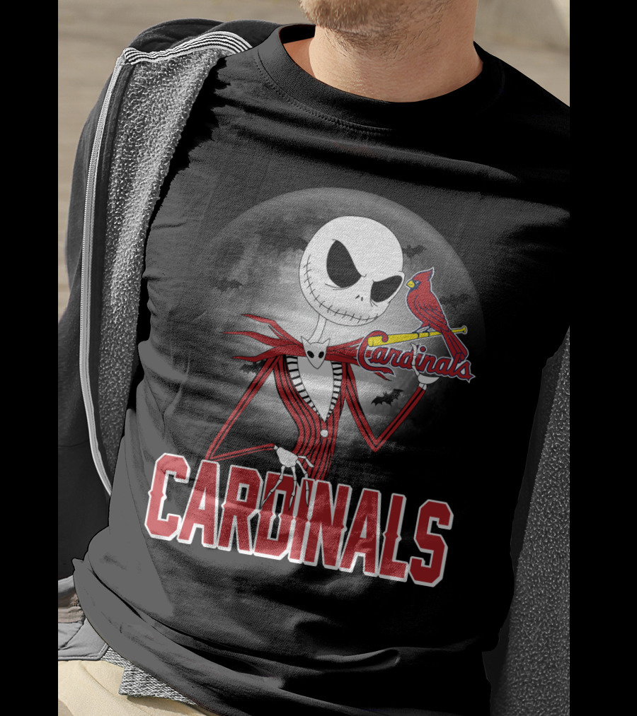 Cardinals Jack Skeleton Halloween St. Louis Cardinals Logo Moon Background T-Shirt