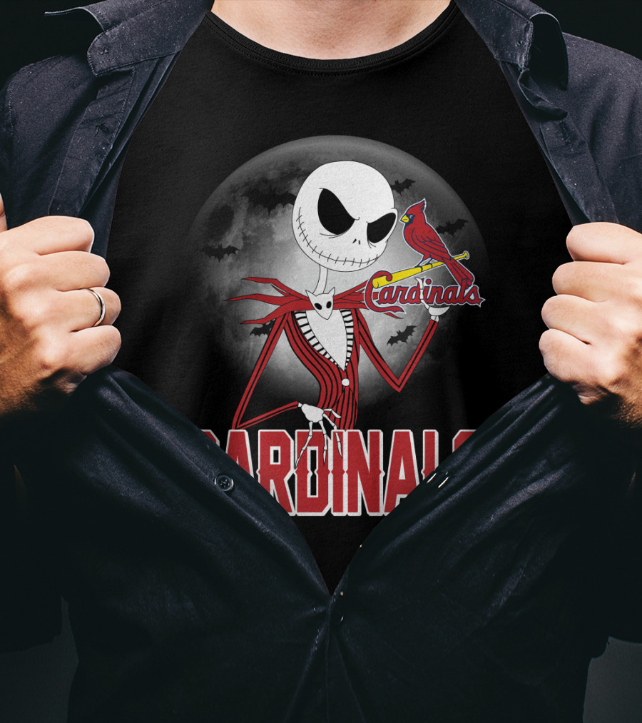 Cardinals Jack Skeleton Halloween St. Louis Cardinals Logo Moon Background T-Shirt