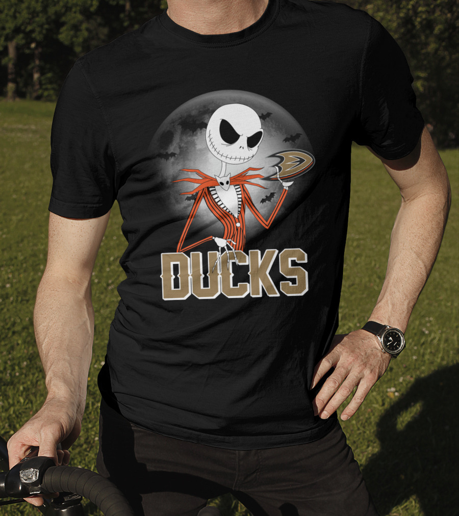 Jack Skellington Anaheim Ducks Halloween Moon And Bats T-Shirt