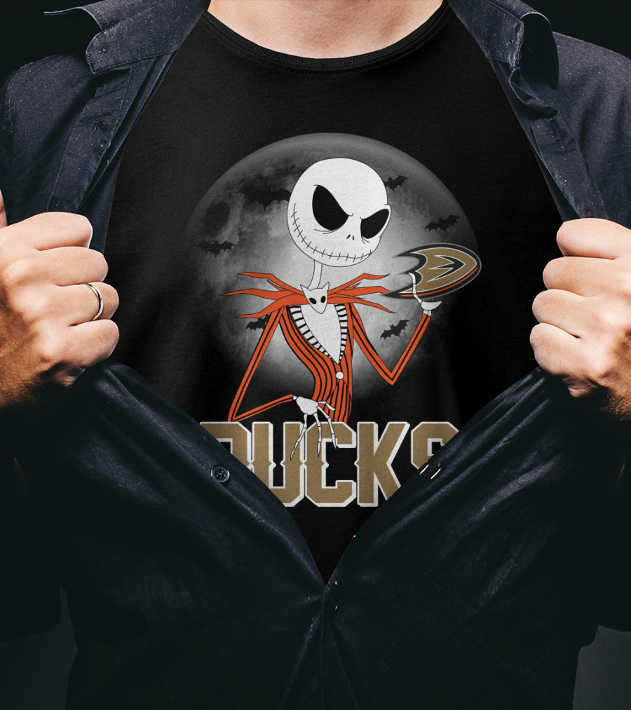 Jack Skellington Anaheim Ducks Halloween Moon And Bats T-Shirt