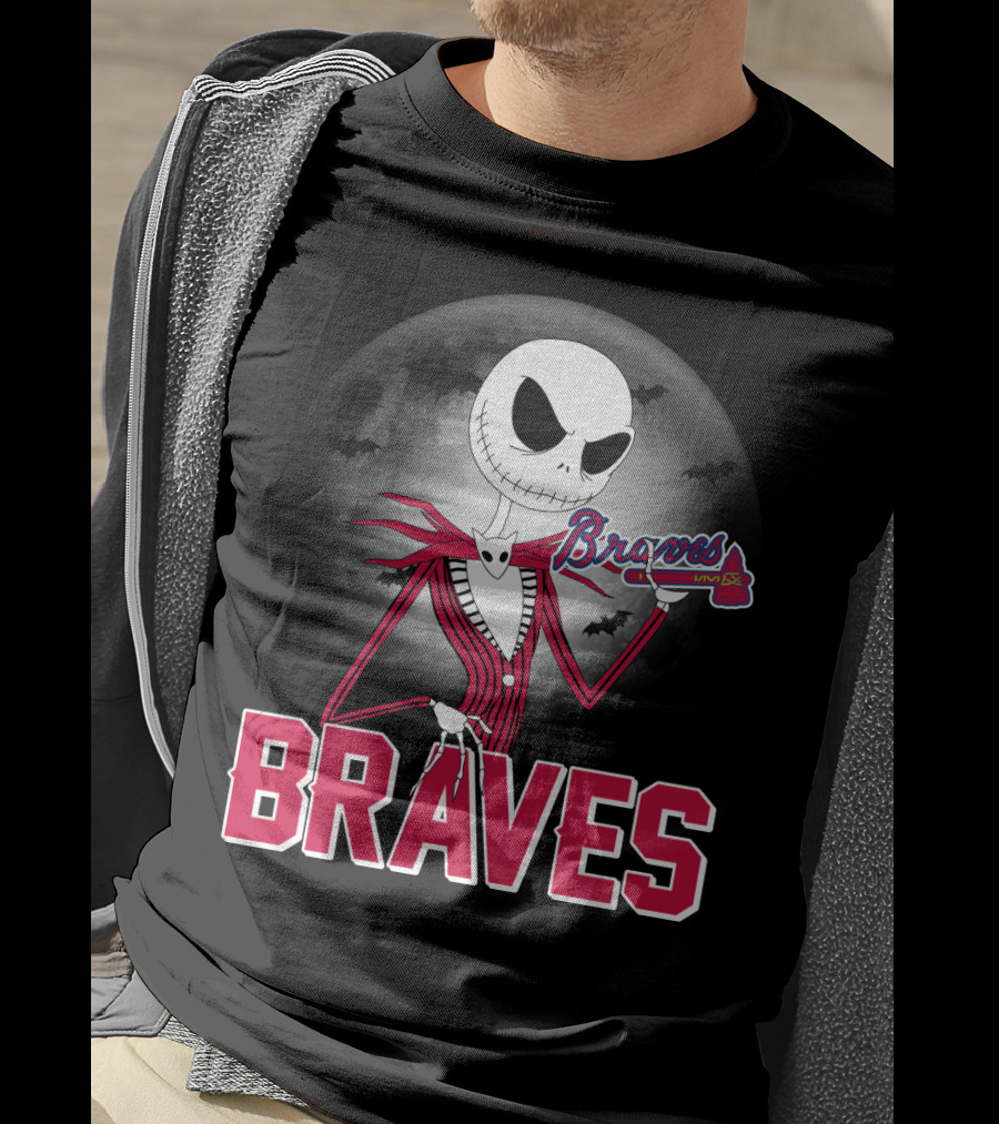 Jack Skellington Braves Halloween With Atlanta Baseball Moon And Bats T-Shirt