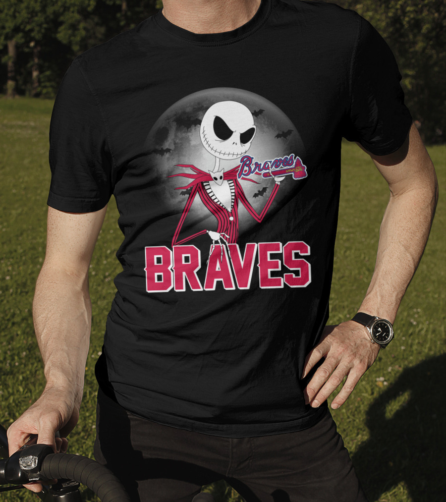 Jack Skellington Braves Halloween With Atlanta Baseball Moon And Bats T-Shirt