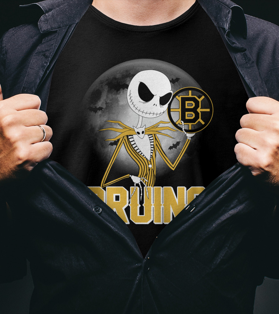 Jack Skellington Halloween Boston Bruins Moon And Bats T-Shirt