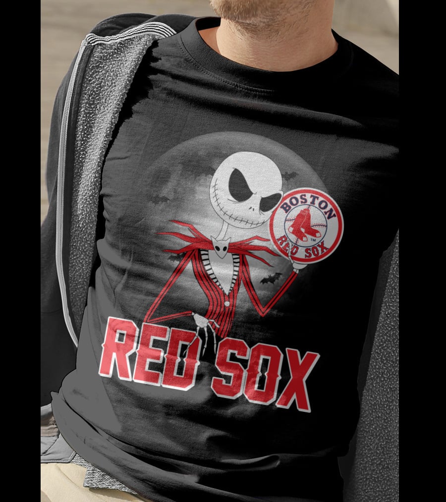 Jack Skellington Holding Boston Red Sox Logo With Halloween Moon Background T-Shirt
